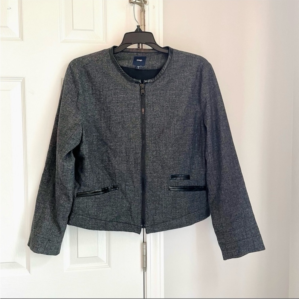 Gap Dark Gray Cotton Blend Zipper Faux Leather Trim Zip Jacket